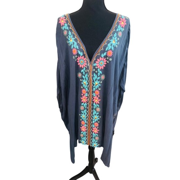 ONeill Boho Embroidered Tunic Top Swim Coverup M/L Navy Floral V-Neck Viscose - Picture 1 of 11